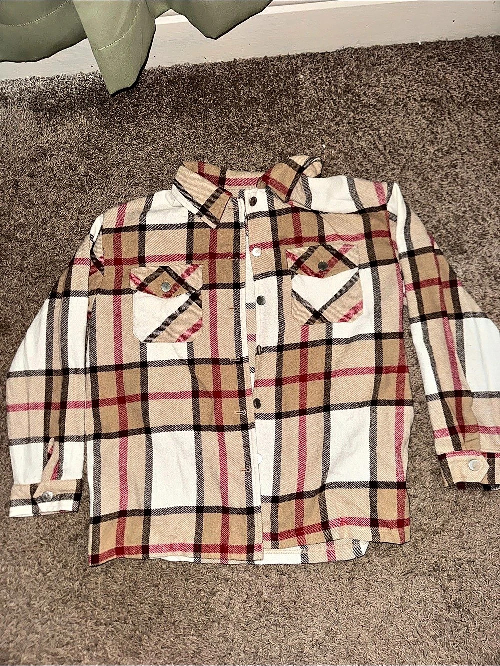 Plaid Button Down Shirt in Cream & Red Like New